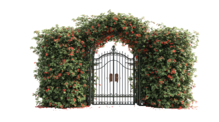  Archway Covered in Lush Green Foliage with Red Flowers on Transparent Background