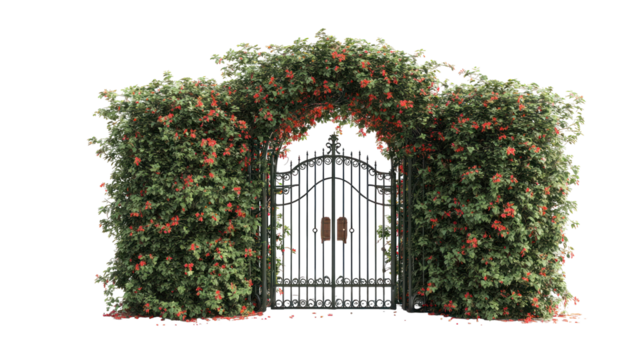  Archway Covered in Lush Green Foliage with Red Flowers on Transparent Background
