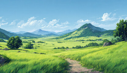 Fototapeta premium Vast Green Meadow with Rolling Hills and Clear Blue Sky