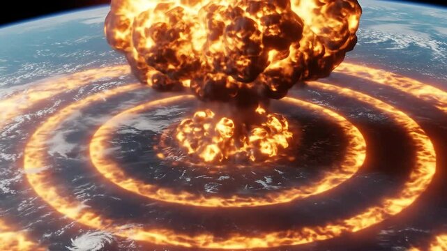 Exploding Fireball Over Earth Creating Shockwaves Animation Footage