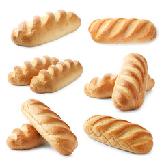 Loaves of fresh bread isolated on white, collage