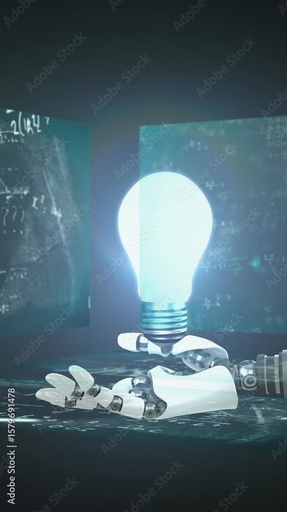 Poster animation of light bulb and robotic hand over mathematical equations on black background
