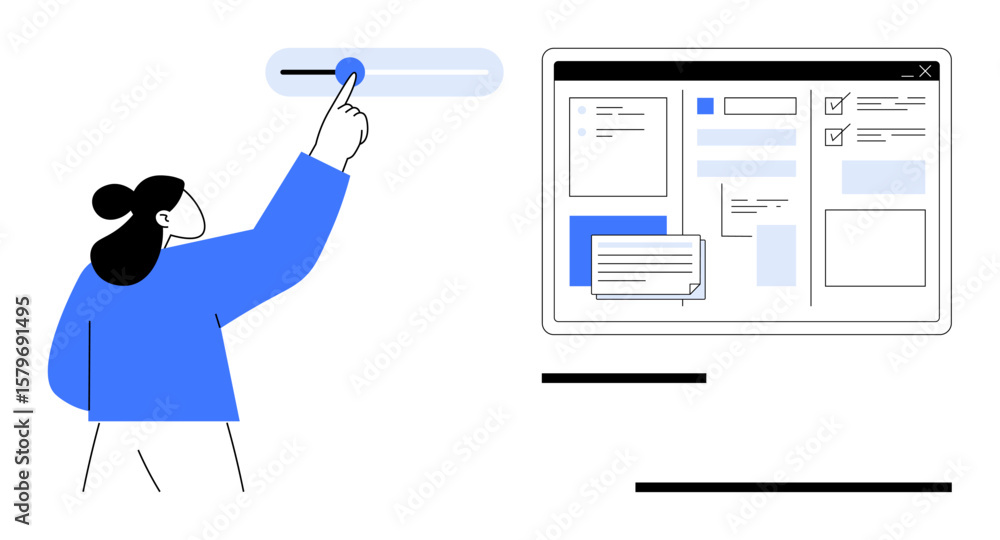 Poster person navigating ui icons and text on a large screen. ideal for technology, interface design, user 
