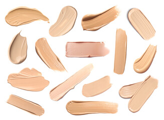 Skin foundation in different shades on white background, set. Palette of cosmetic product