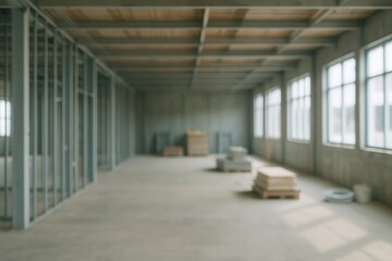 Modern Construction Site Interior with Steel Frames and Concrete Flooring Under Natural Light
