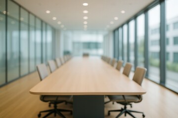 Modern Corporate Boardroom with Elegant Wooden Table and Ergonomic Chairs in a Bright Glass-walled Conference Room with Natural Light and Soft Focus for Professional Business Meetings