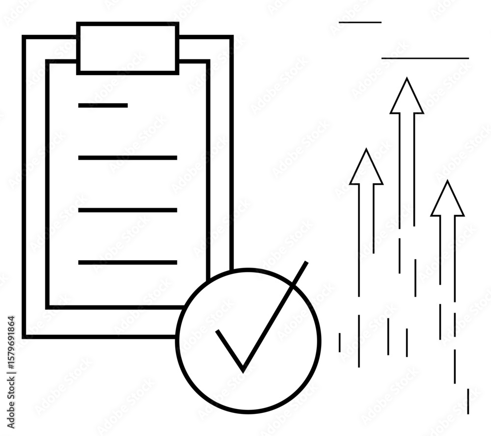 Poster checklist clipboard with a checkmark for completed tasks next to upward arrows symbolizing progress.