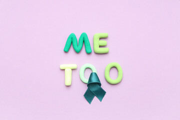 Teal ribbon and text ME TOO on purple background. Sexual Assault Awareness Month