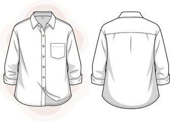 Women's Classic Button-Up Shirt CAD Drawing Flat Vector Fashion Illustration with Rolled-Up Three-Quarter Sleeves and Pocket.
