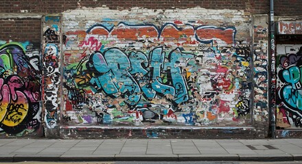Vibrant graffiti art explodes across a weathered brick wall bathed in soft sunlight. AI Generated