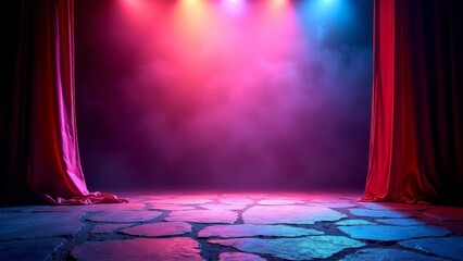 Empty theater stage with red curtains