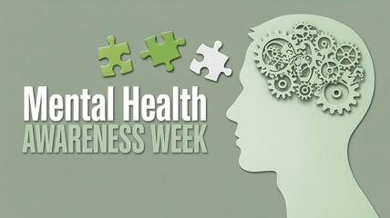 Mental health awareness week with puzzle pieces and gears in head silhouette