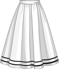  Women's Pleated Midi Skirt CAD Drawing Flat Vector Fashion Illustration with Striped Hem and Wide Waistband.