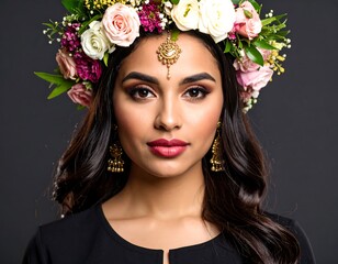 Naklejka premium Woman with floral crown and jewelry