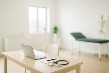 Doctor's Office Serenity with Stethoscope and Laptop on Desk in Bright Minimalist Medical Clinic Exam Room