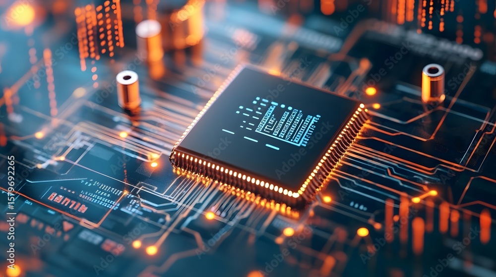 Poster advanced microchip on circuit board with illuminated connections