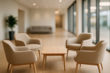 Elegant Modern Conference Lounge with Comfortable Seating and Natural Light in Minimalist Design for Professional Gatherings and Collaborative Meetings