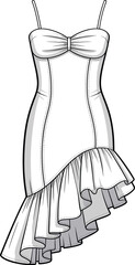 Women's Strappy Mini Dress CAD Drawing Flat Vector Fashion Illustration with Sweetheart Neckline and Ruffled Asymmetrical Hem.