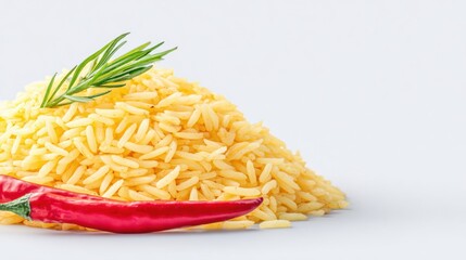 Aromatic Yellow Rice Pilaf with Fresh Rosemary and Red Chili Pepper on White Background, Close-Up of Cooked Rice Dish, Healthy Meal, Culinary Photography, Food Presentation
