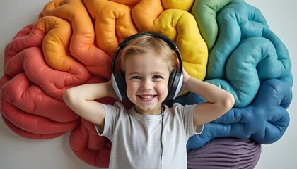 Autistic smiling child stands in front of a large colorful rainbow brain wearing headphones symbolizing neurodiversity neurodivergent support therapy inclusion learning development ADHD - Powered by Adobe