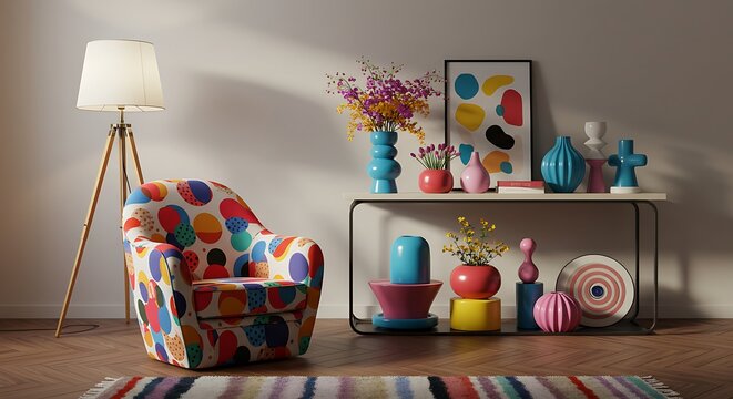 Colorful armchair and modern decor in a sunlit room. - Powered by Adobe