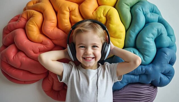 Autistic smiling child stands in front of a large colorful rainbow brain wearing headphones symbolizing neurodiversity neurodivergent support therapy inclusion learning development ADHD