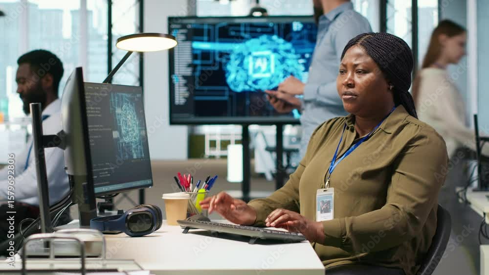 Poster female software developer using artificial intelligence to optimize performance and forecast issues.