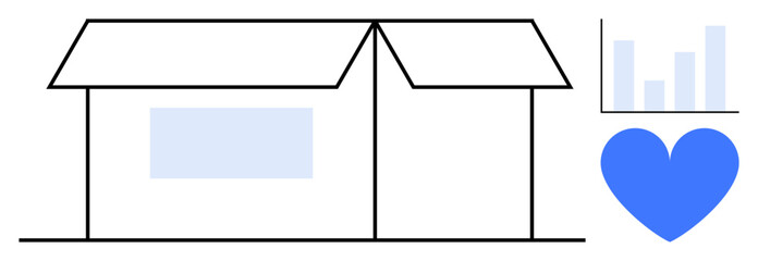 Open cardboard box with heart in blue, bar chart indicating analytics. Ideal for charity, donation, packaging, e-commerce, research, social causes, data-driven outreach simple landing page