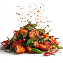 Delicious Chili Potatoes with Green Onions and Red Peppers on a White Background, Garnished with Spices, Asian Cuisine, Spicy Food, Appetizing Dish, Culinary Photography, Food Presentation, High-Key