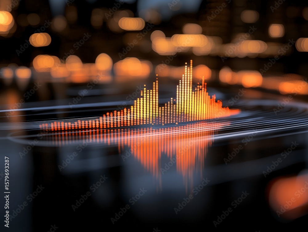 Poster audio wave visualization: an abstract visualization of sound waves, displayed as an orange and yello