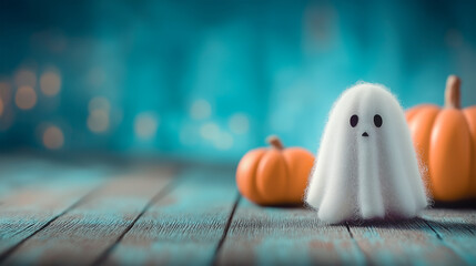 Adorable ghost standing on a rustic wooden surface with two bright orange pumpkins in the background and bokeh lights. Generative AI