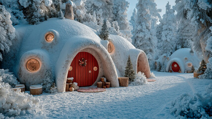 A magical winter scene with whimsical igloo-shaped houses nestled in a snowy forest. The cozy houses have round red doors, bright windows. Christmas scene