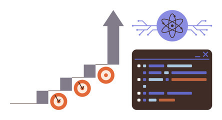 Steps with bullseyes, upward arrow for success, data representation, AI icon. Ideal for technology, progress, business growth, machine learning science innovation strategy. Simple flat metaphor