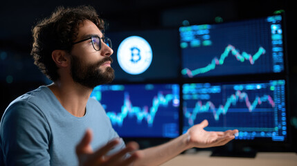 Young man analyzing cryptocurrency charts on multiple screens with Bitcoin symbol in background, showing financial data and market fluctuations, expressing focus and curiosity