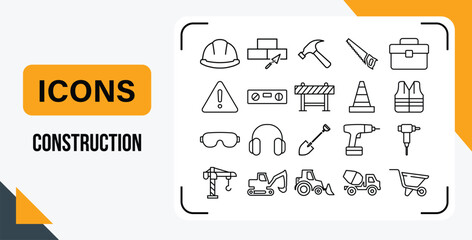Construction icons collection illustrating various building tools and equipment in clean outline style