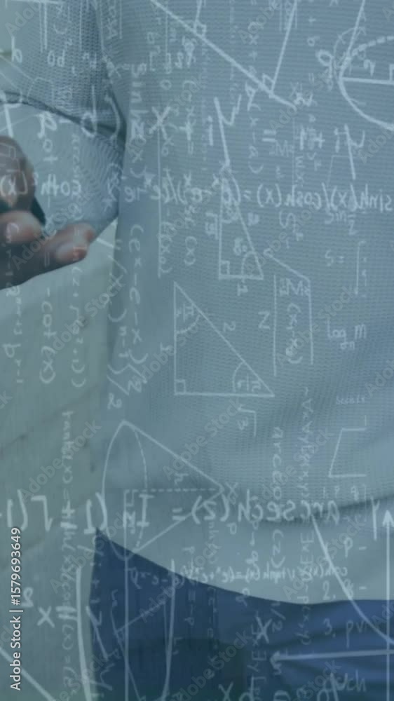 Poster animation of mathematical data processing over african american businessman using smartphone
