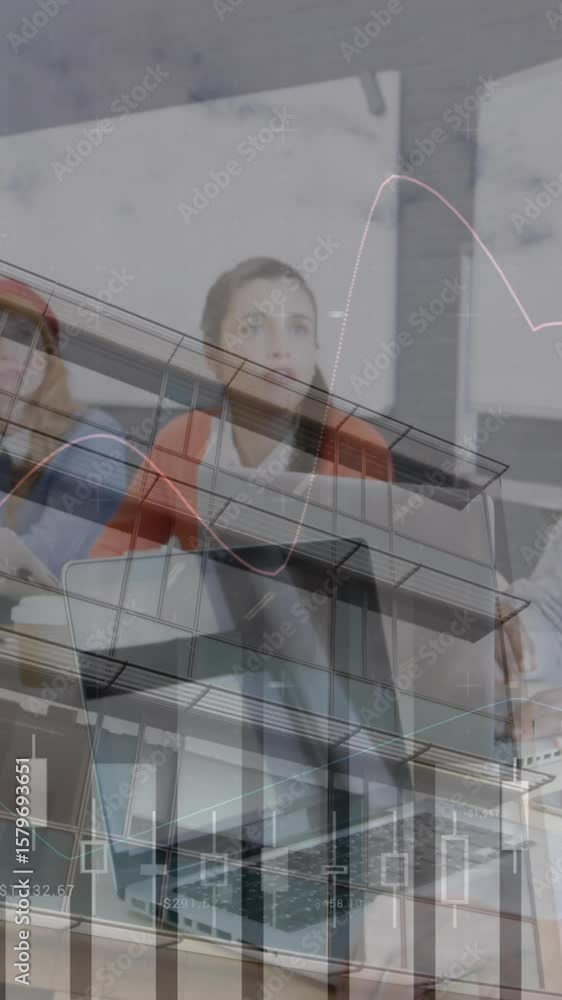 Poster animation of financial data processing over diverse business people using laptops