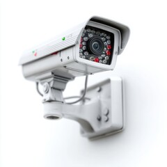 Security Camera on White Wall, Close-up of Surveillance System with Infrared Lights, Modern CCTV Technology for Crime Prevention and Monitoring, Home Security and Safety Equipment