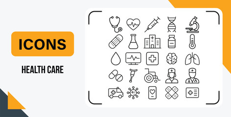 Collection of healthcare medical icons in simple black and white outlined vector illustration
