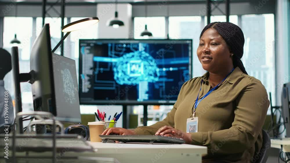 Poster female technician using computer to write code, developing machine learning apis. african american w