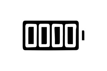 The image displays a black and white icon of a battery with four segments. The battery is shown horizontally with a small terminal on the right side.