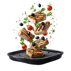 Grilled tuna steaks with cherry tomatoes and black olives flying in pan isolated on transparent background