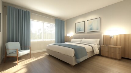 Fototapeta premium Modern bedroom interior, light and airy