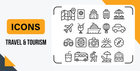 Set of modern travel and tourism icons representing various vacation and adventure elements