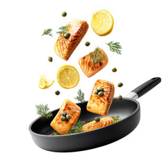 Grilled salmon fillets with lemon slices and capers flying in black pan isolated on transparent background