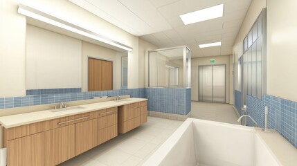 Interior view of a modern restroom with light beige walls and light blue patterned tile