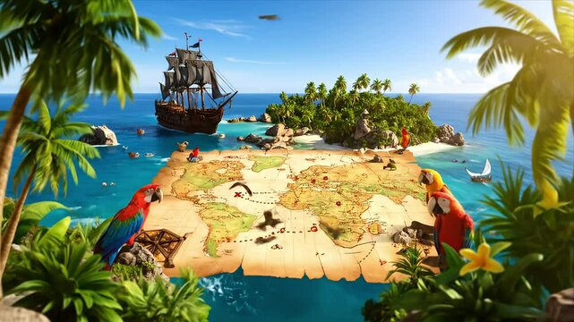Tropical pirate scene with a ship, map, parrots, and an island