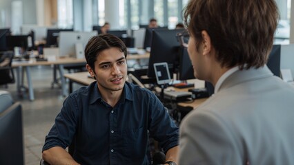 Two colleagues engage in a focused discussion in a modern, open-plan office setting.
