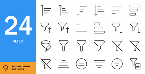 Filter icon set. Minimal line art vector icons. Includes funnel, data purification, strength levels, news trading arrow, control checkmarks. Editable thin outline.