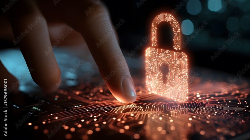 Poster finger interacting with a glowing digital lock on a circuit board, symbolizing cybersecurity.